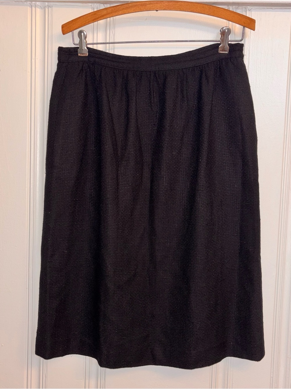 Vintage Doncaster black silk midi skirt with subtle textured weave, size 12
